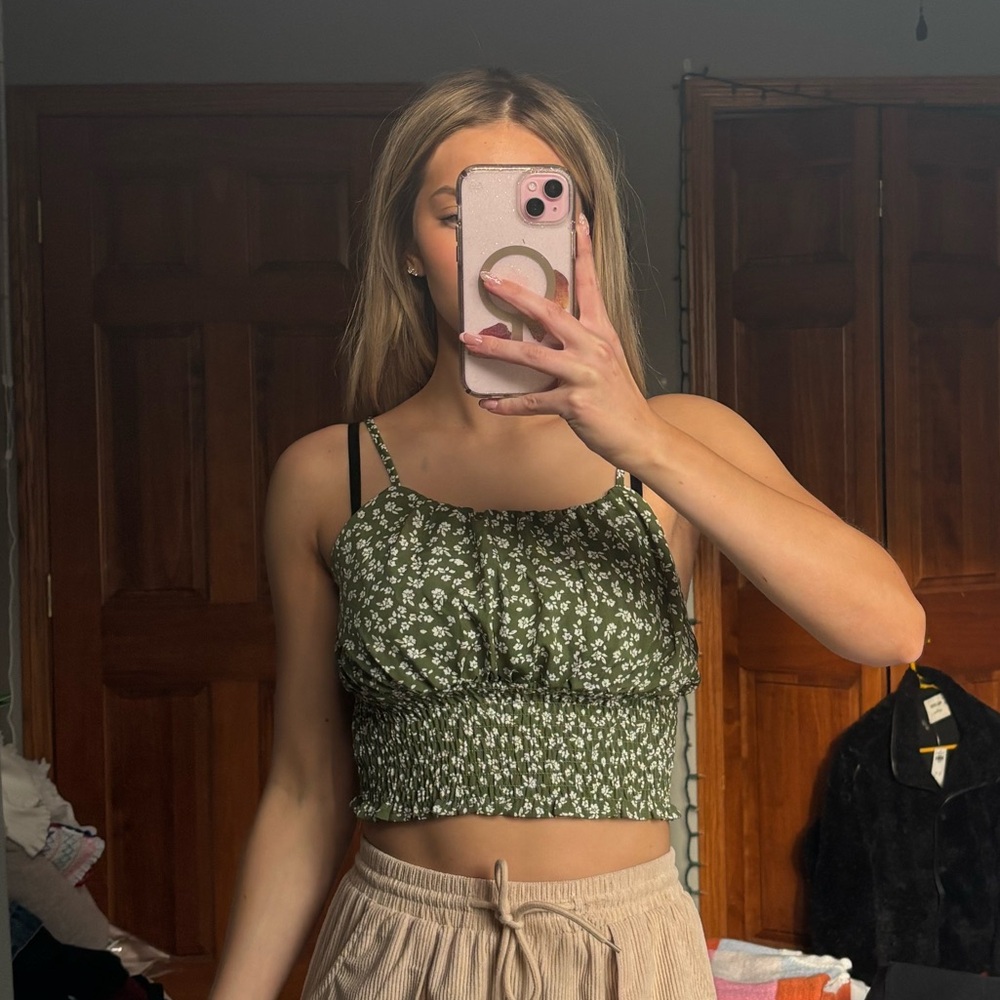 Green Floral Cropped Tank Top